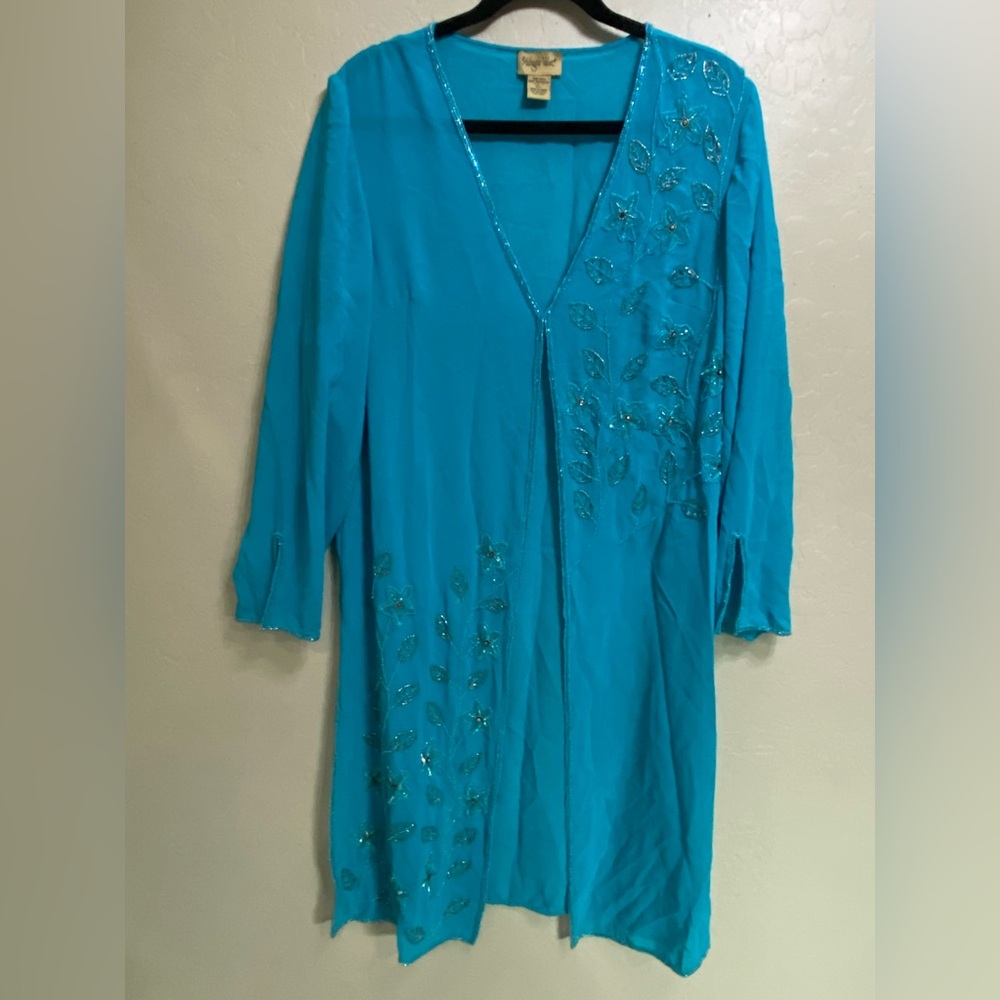 Vibrant Blue Silk Long Top and Sheer Pants Suit adorned with Shimmer Designs - Picture 2 of 5